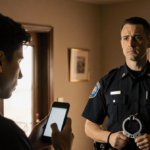 Person holding smartphone looks at police officer with badge and handcuffs while blurred home interior is in golden light