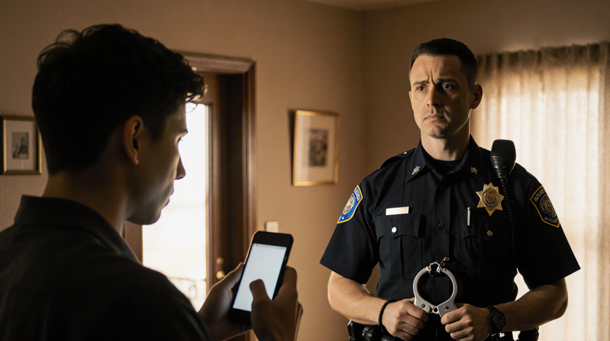 Person holding smartphone looks at police officer with badge and handcuffs while blurred home interior is in golden light