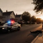Police cruiser with flashing lights stands near motionless man on sidewalk with concerned woman watching officers