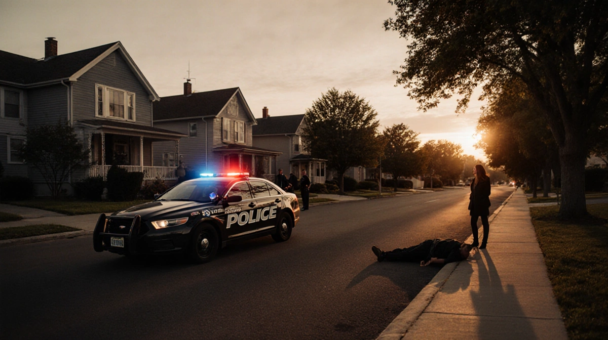Police cruiser with flashing lights stands near motionless man on sidewalk with concerned woman watching officers