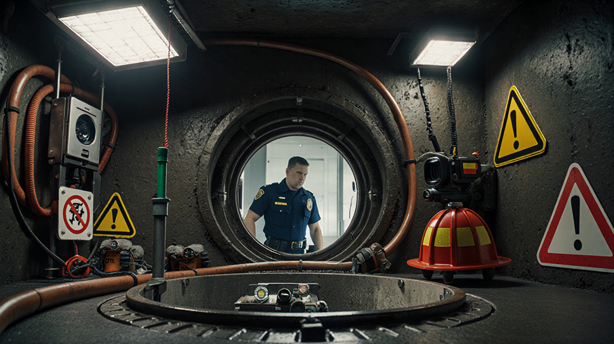 Police officer aiming camera at suspect through manhole cover with emergency lights and safety gear