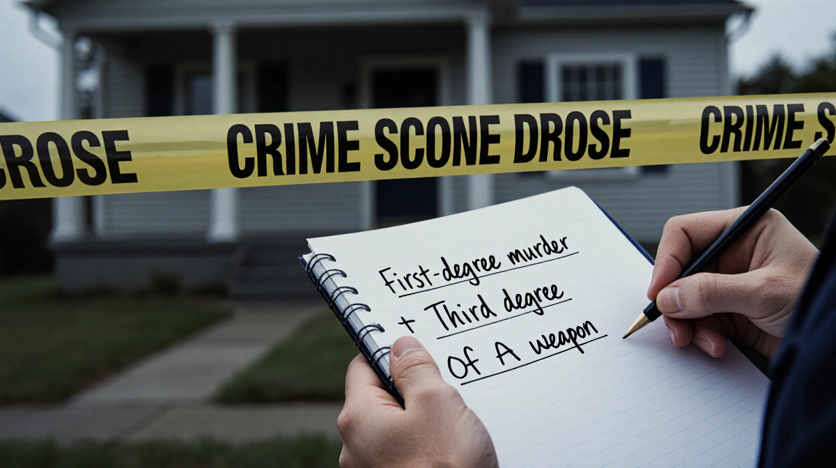 Police officer holding notebook showing first-degree murder and weapon possession charges with crime scene tape and house blu