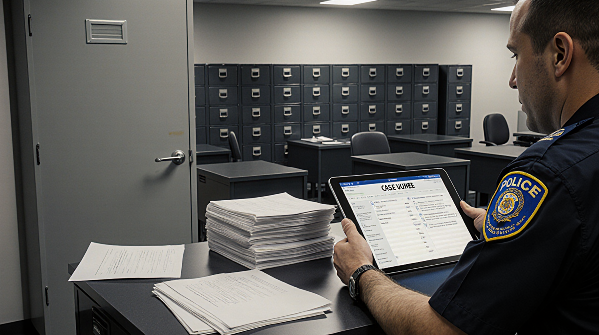Police officer sits at desk with tablet showing case number and stacks of papers