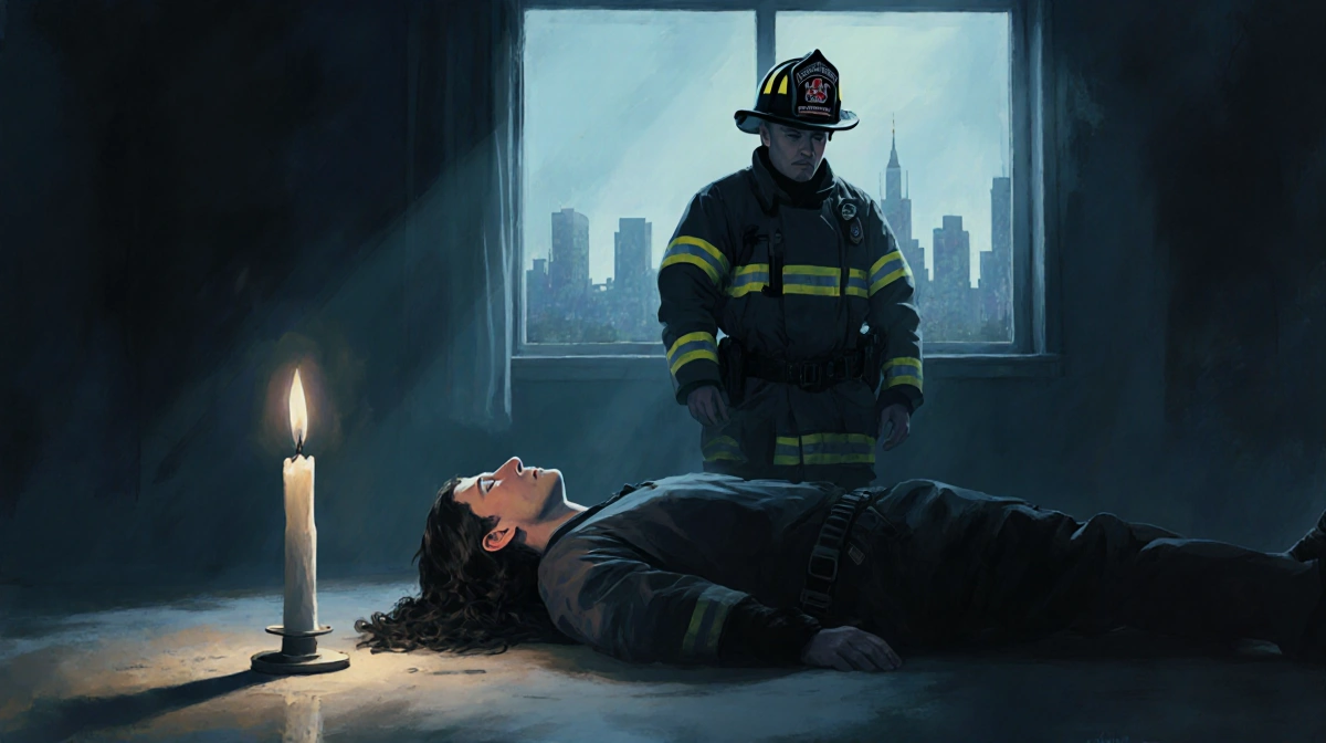 Police officer wearing firefighter helmet standing beside person lying on ground with candle casting shadows and cityscape th