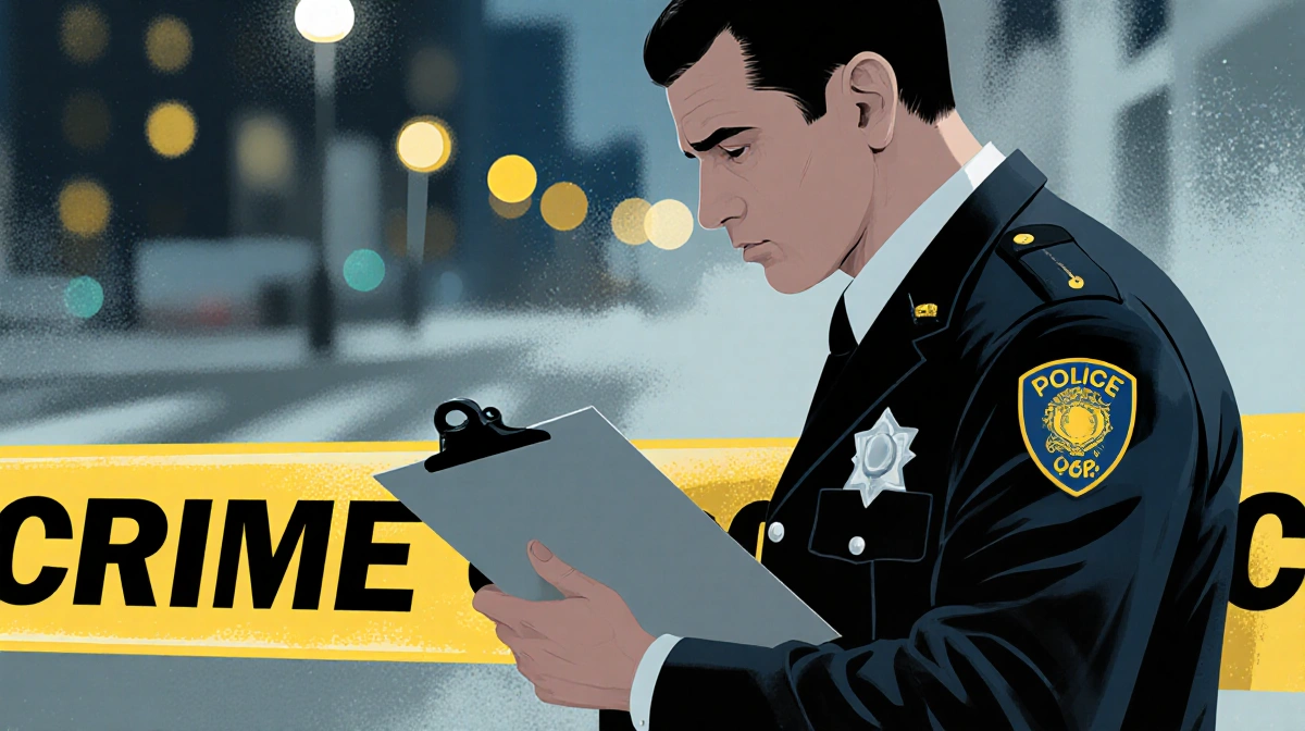 Police officer holding clipboard with crime scene tape and city lights in background