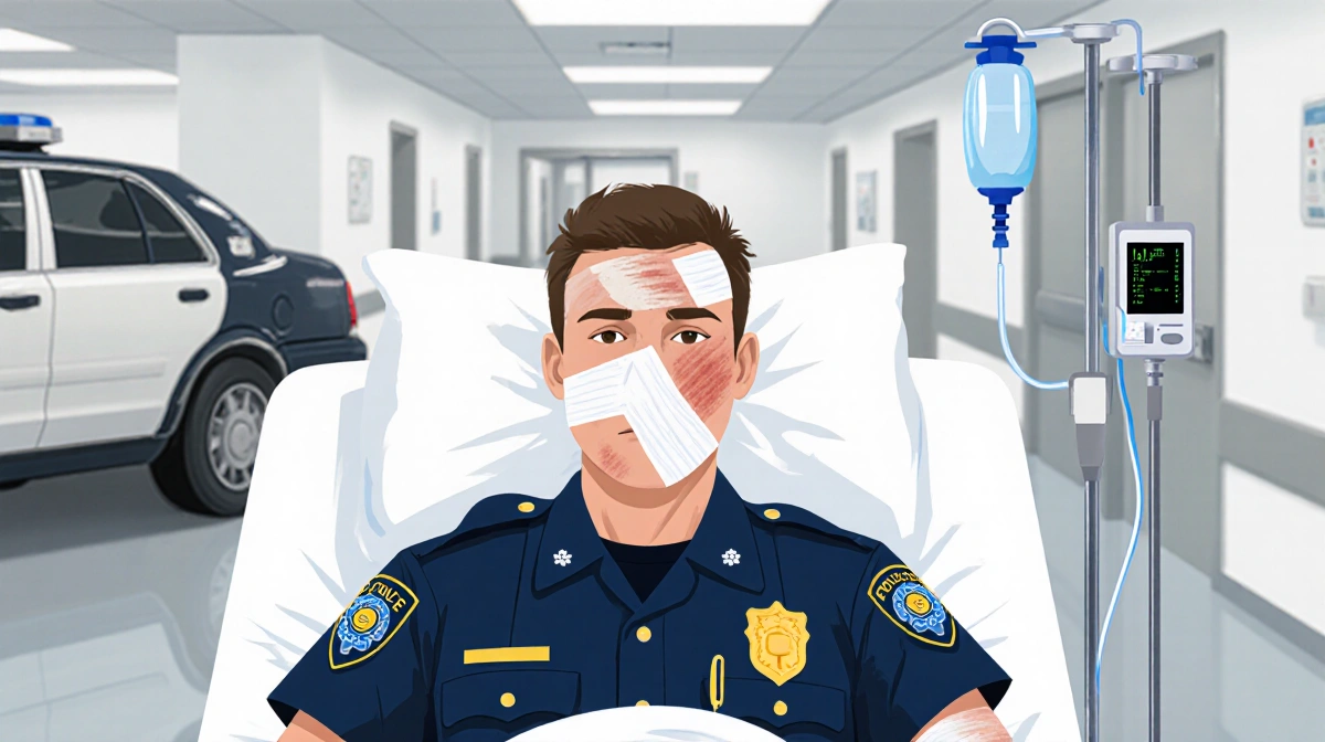 Police officer lying in hospital bed with bandaged face and IV lines showing critical condition.