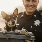 Police officer holding a Terrier mix pup with warm light illuminating their joyful faces near a trash can