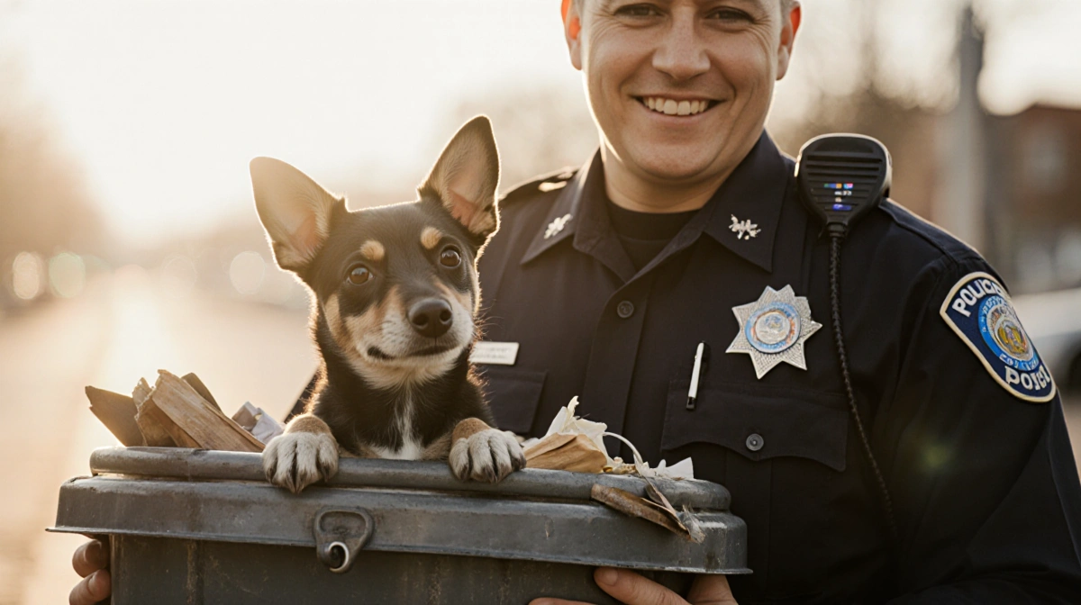 Police officer holding a Terrier mix pup with warm light illuminating their joyful faces near a trash can