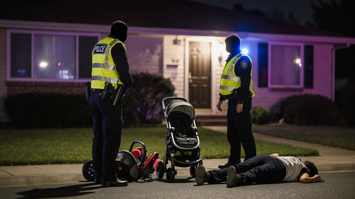 Police officers stand at house entrance with emergency lights illuminating the scene and strollers visible in background