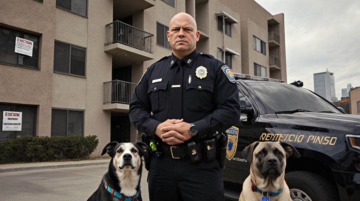 Law enforcement officer standing with badge and rescue dogs beside police vehicle apartment building