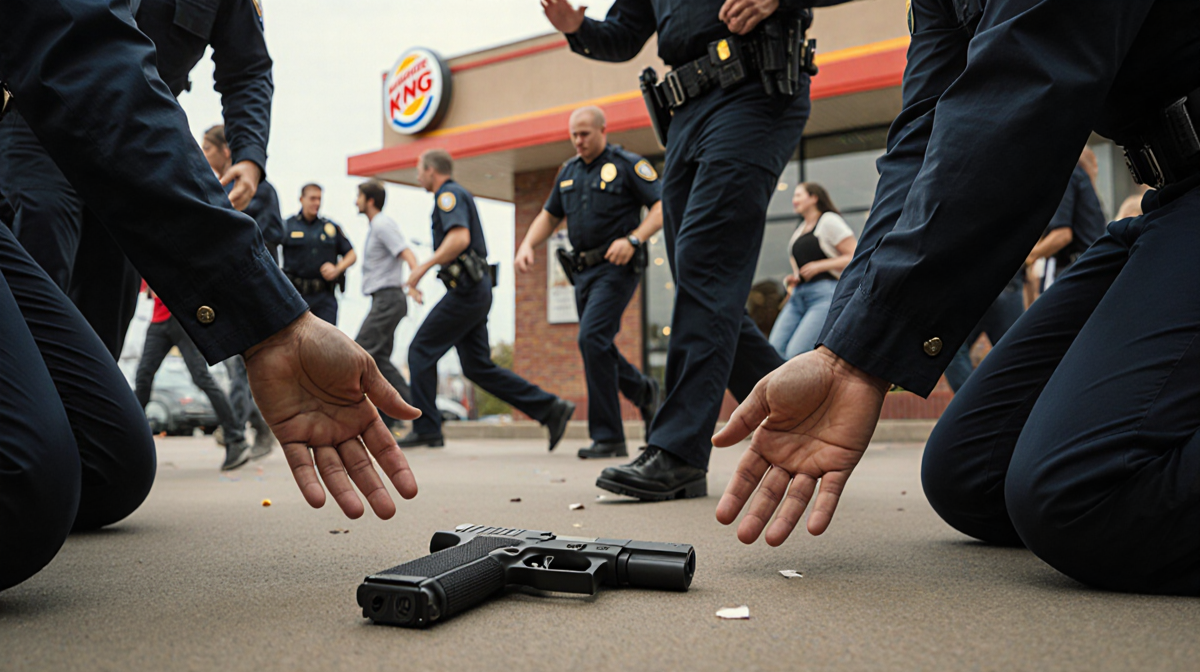 Law enforcement officers raise hands in restraint with a handgun on the ground and a blurred Burger King crowd in background