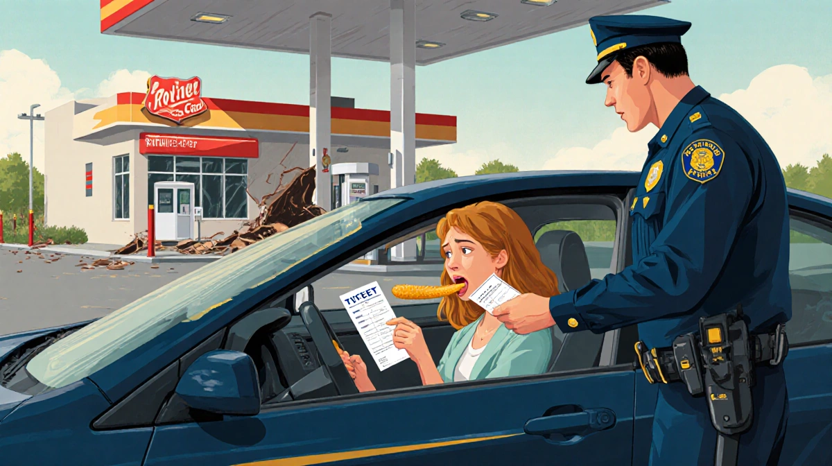 Police officer handing ticket to shocked woman choking on french fry in car with gas station pumps behind