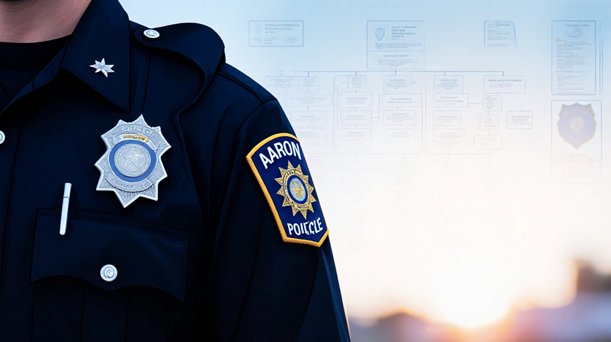 Police uniform with Aaron embroidered on sleeve shows badge and 21-year career memorabilia with sunrise gradient background