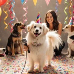 Polly the long-haired dog holds a microphone with sparkly collar while wagging her tail and celebrating with balloons at the