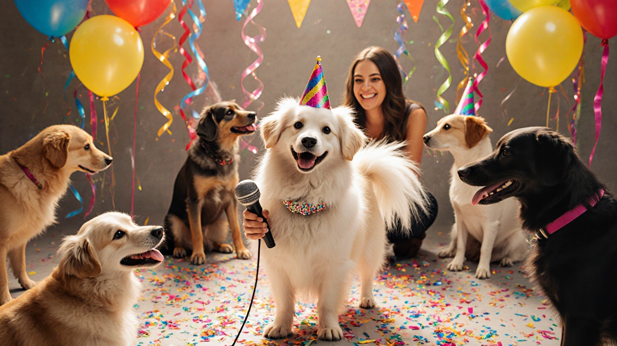 Polly the long-haired dog holds a microphone with sparkly collar while wagging her tail and celebrating with balloons at the