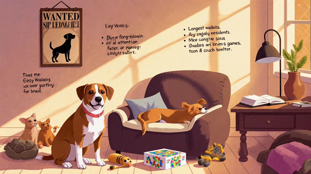 Polly the shelter dog relaxing on her bed with favorite toys and a calendar showing her long wait for adoption