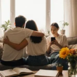 Three people relax together on a cozy couch with natural light streaming through the window and plants nearby