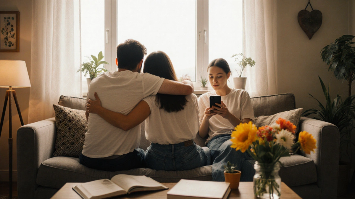 Three people relax together on a cozy couch with natural light streaming through the window and plants nearby
