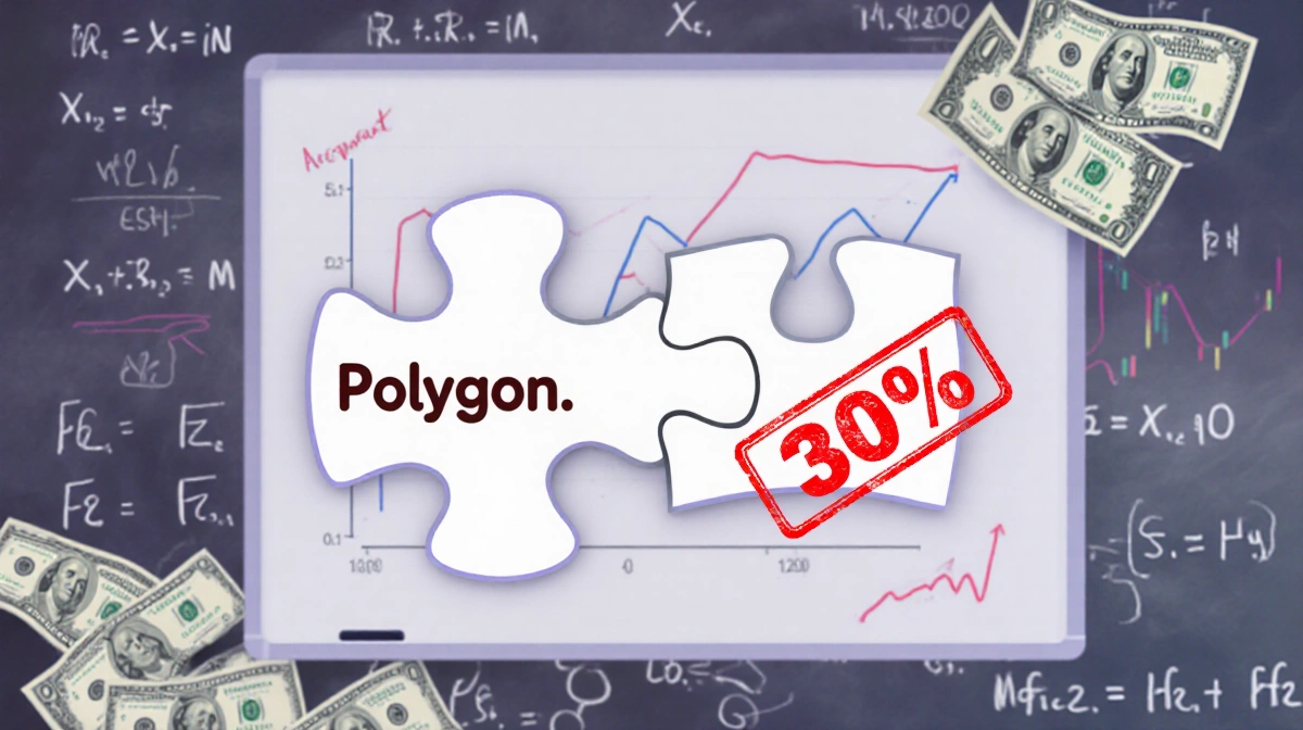 Two merged puzzle pieces marked with red 30 percent stamp showing financial calculations with dollar bills and charts in back