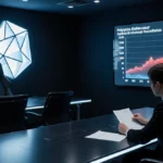 Employee reviews financial report with Polygon Axes logo on wall and market dominance chart showing red highlighted stablecoi