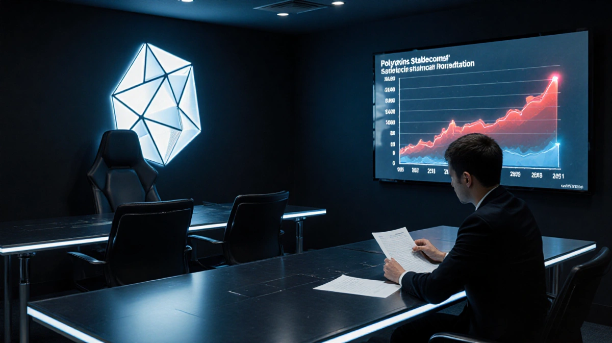 Employee reviews financial report with Polygon Axes logo on wall and market dominance chart showing red highlighted stablecoi