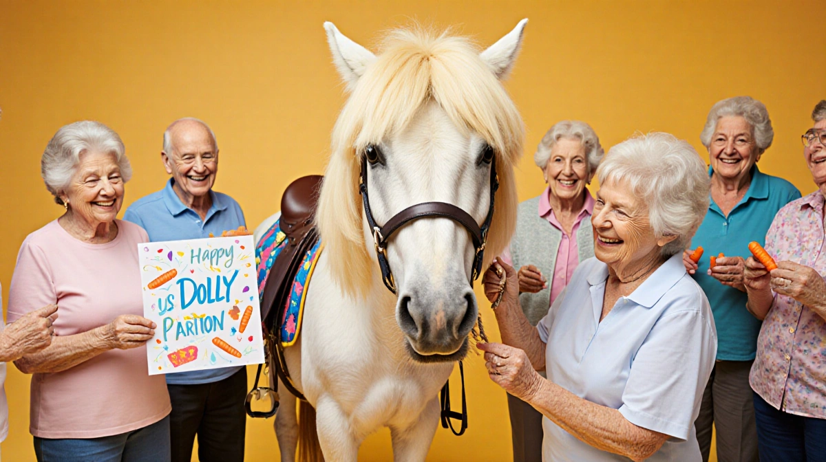 Pony wearing blonde Dolly Parton wig poses with seniors holding carrots and signing birthday card