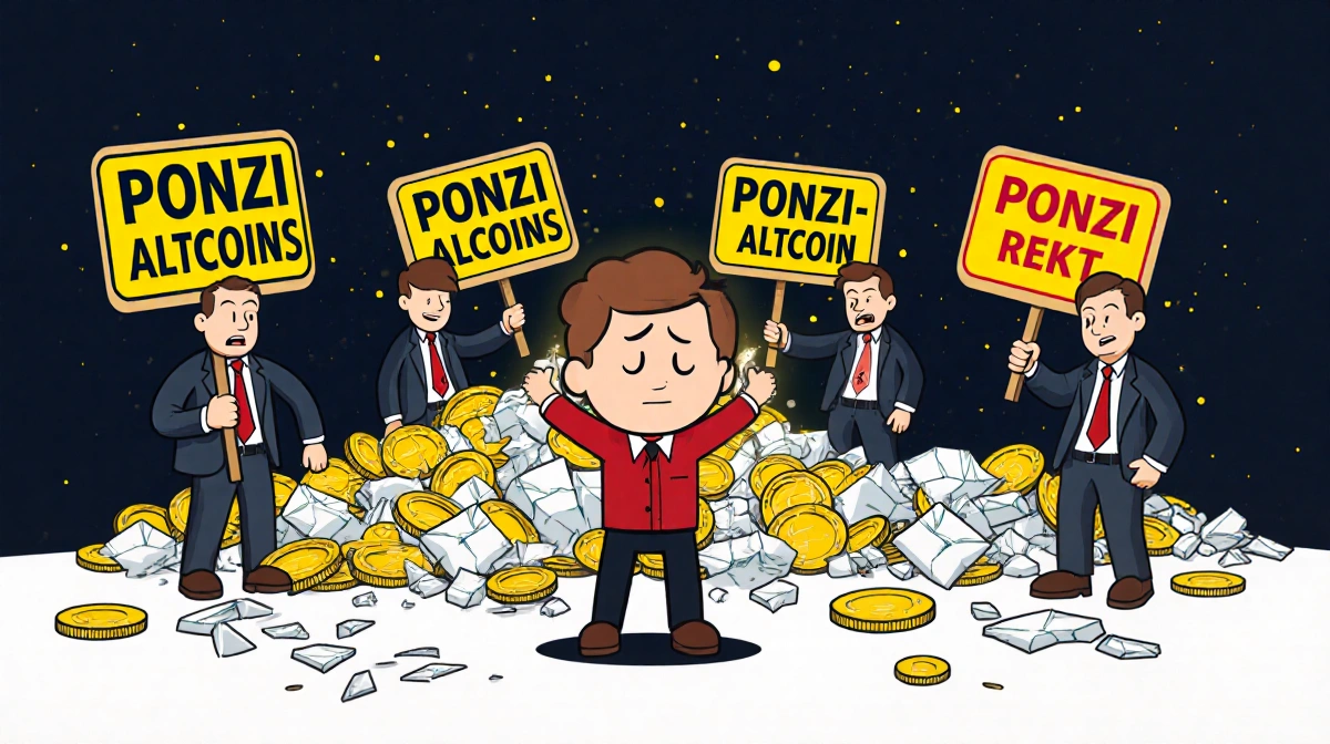 Frustrated cartoon investor stands with empty wallet near scammers holding bright Ponzi altcoin signs and worthless coins
