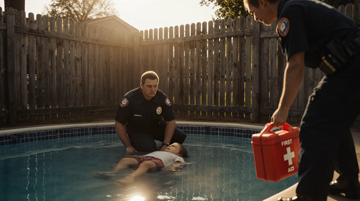 Rescue worker kneels beside child in pool with another responder lifting first aid kit and wooden fence casting sunlight