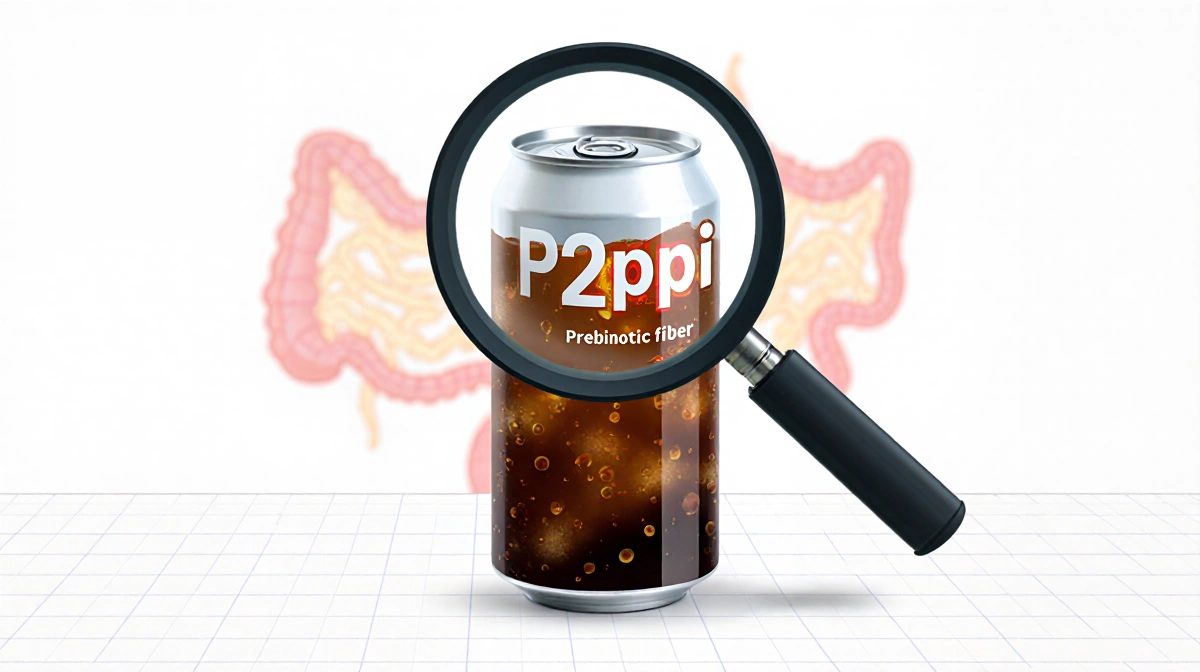 Poppi soda can showing 2g prebiotic fiber with magnifying glass highlighting insufficient amount compared to 5g target and gu