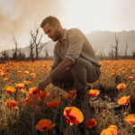 Man kneeling tending seeds with warm sun on face and bright poppies blooming over charred terrain