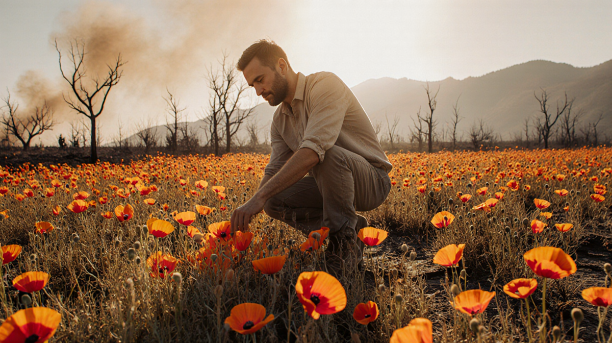 Man kneeling tending seeds with warm sun on face and bright poppies blooming over charred terrain