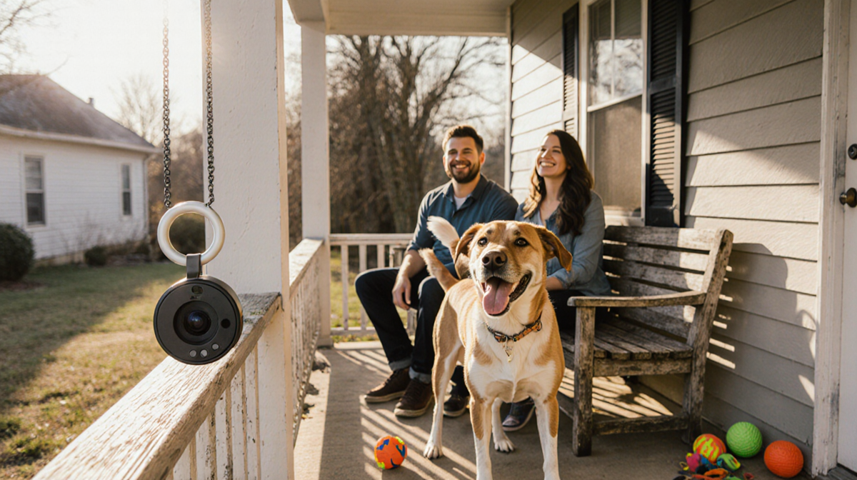 Cozy couple sits on front porch bench with dog Gus wagging tail and ring camera nearby.