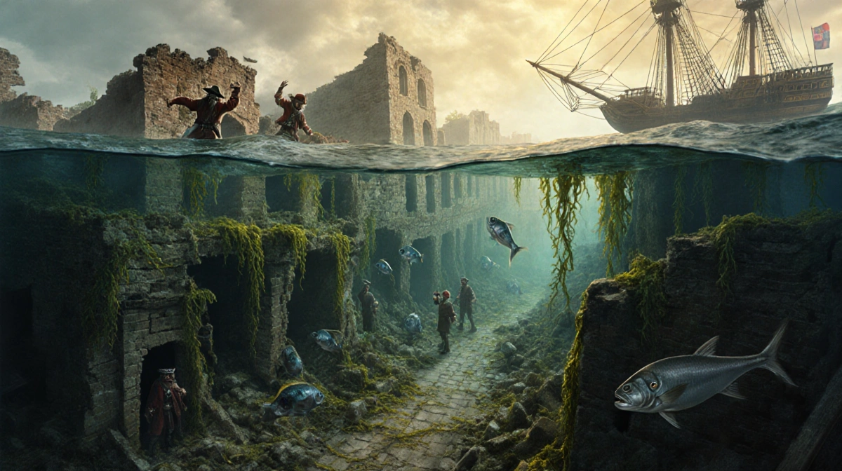 Pirates emerge from rubble with misty golden light and seaweed swirling around sunken city ruins