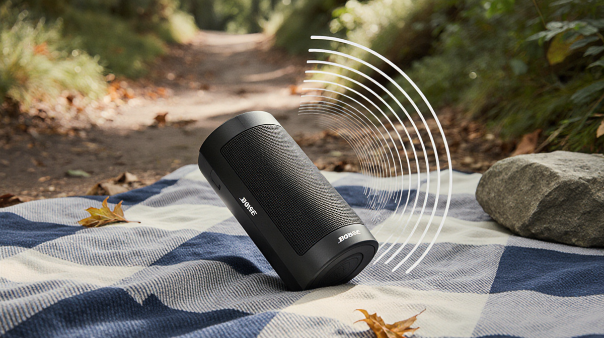 Portable Bluetooth speaker emitting sound waves with scattered leaves and a blurred picnic backdrop.