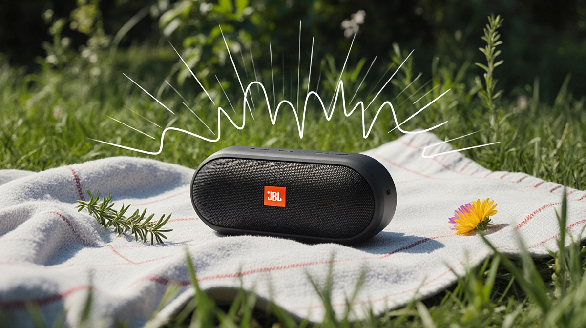 Portable Bluetooth speaker sits on picnic blanket with sound waves flowing into surrounding greenery and wildflowers