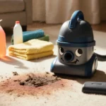 Portable carpet cleaner removing stain with swirling suction motion and cleaning supplies nearby