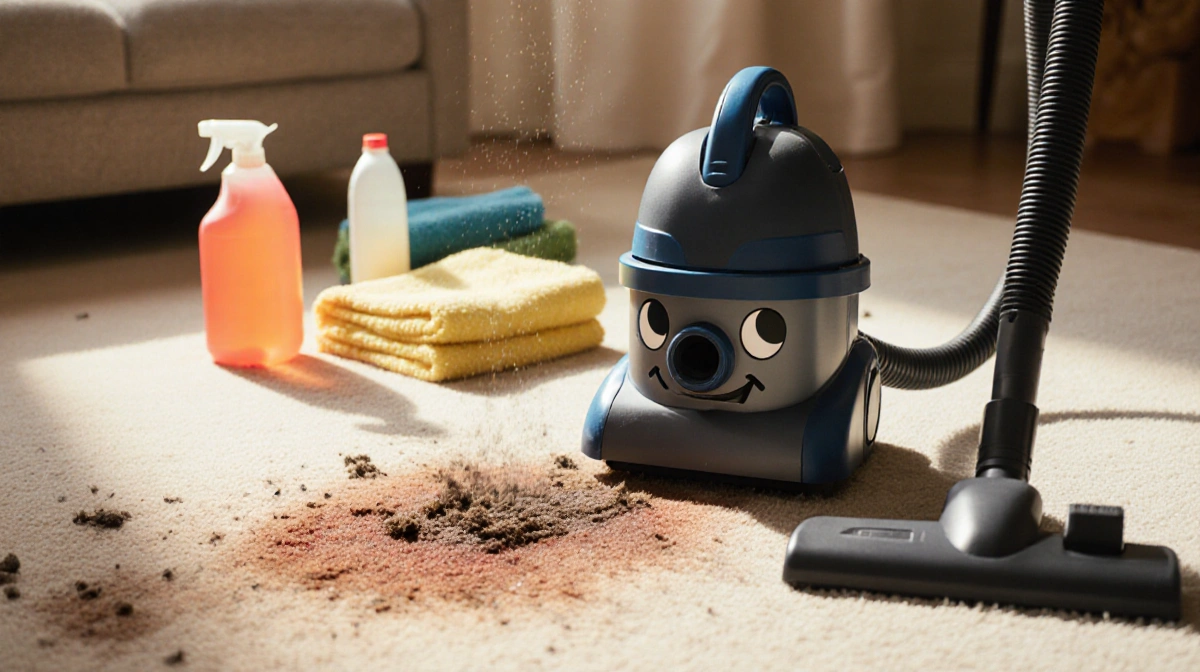 Portable carpet cleaner removing stain with swirling suction motion and cleaning supplies nearby