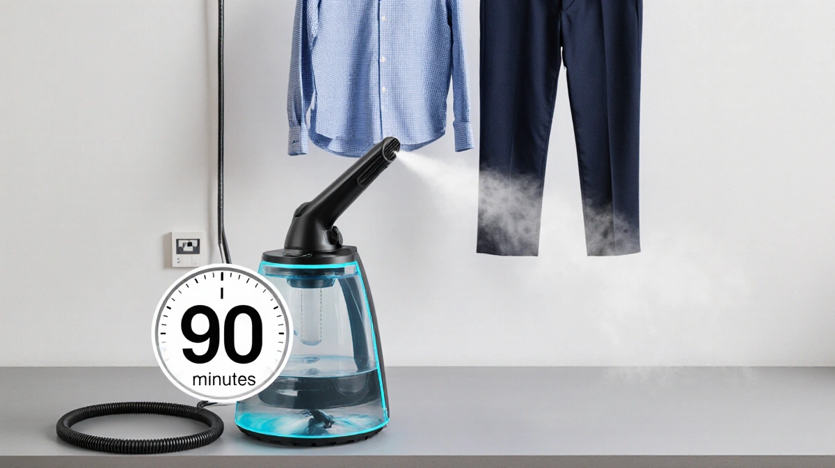 Clothes steamer standing on counter with dress shirts hanging from steam arm and 90-minute timer showing
