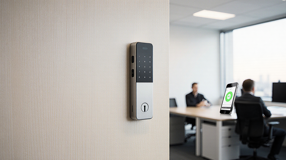 Portable lock centered on plain office door with sleek metal finish and smartphone nearby