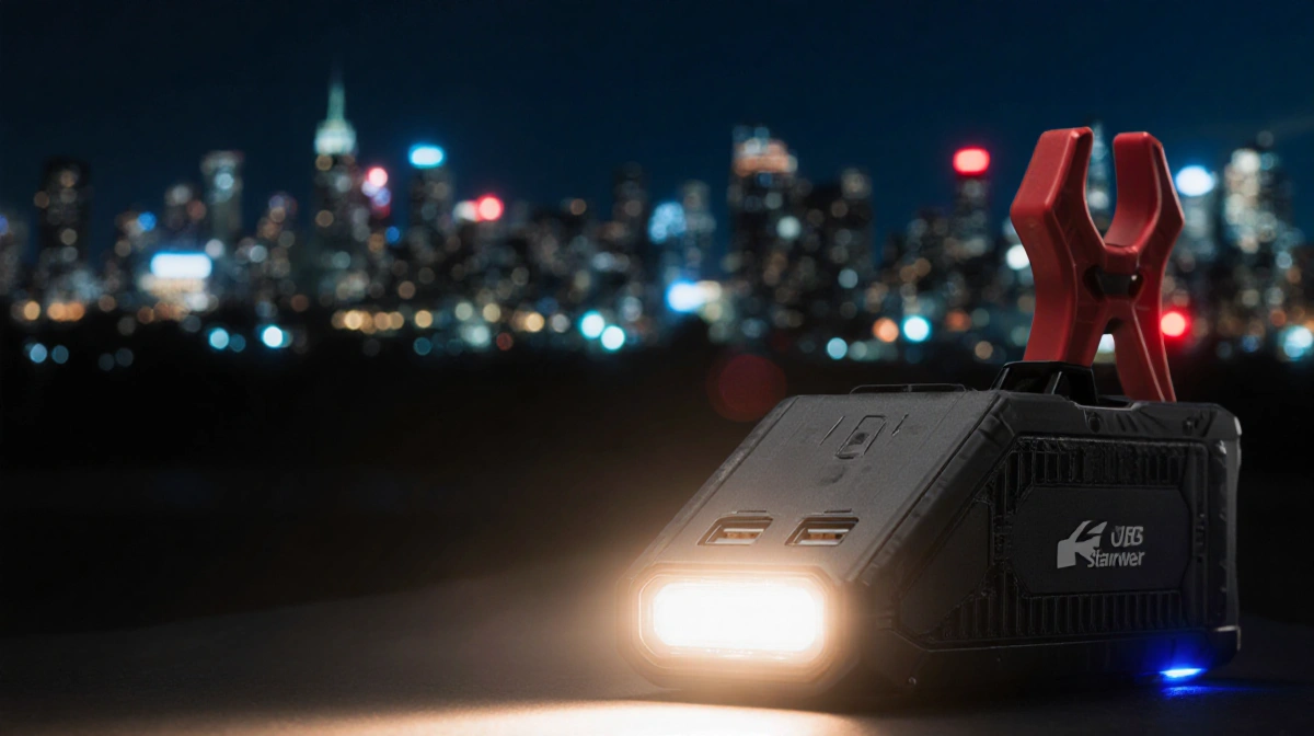 Portable jump starter glows with LED flashlight and dual USB ports showing emergency strobe on dark city background