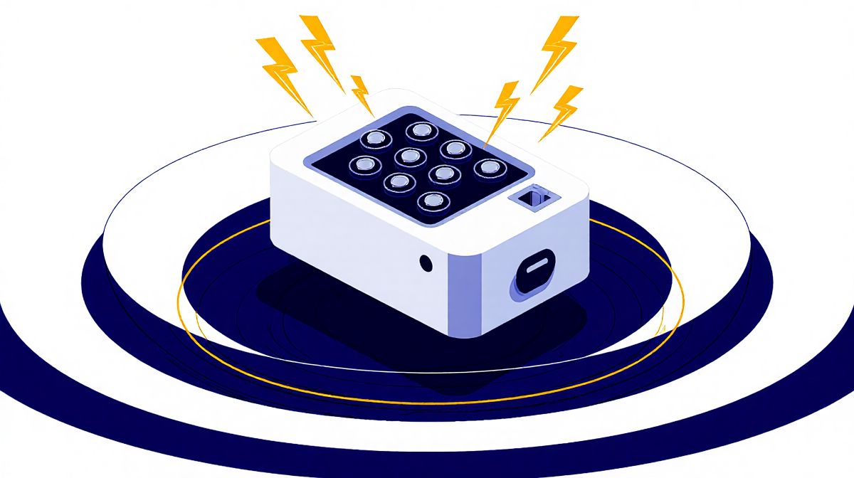 Battery unit in a portable power station shows power capacity with concentric circles and sparks.