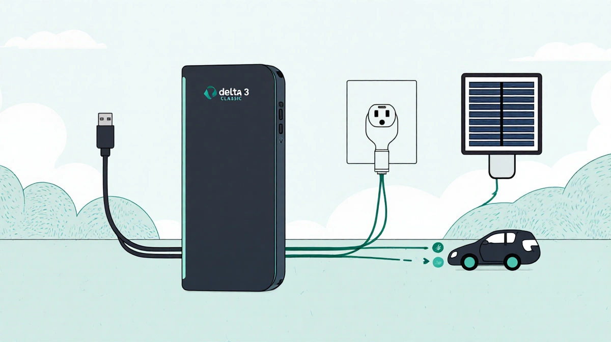 Delta 3 Classic portable power station charging with USB-C cable and solar panel connected showing eco-friendly recharging