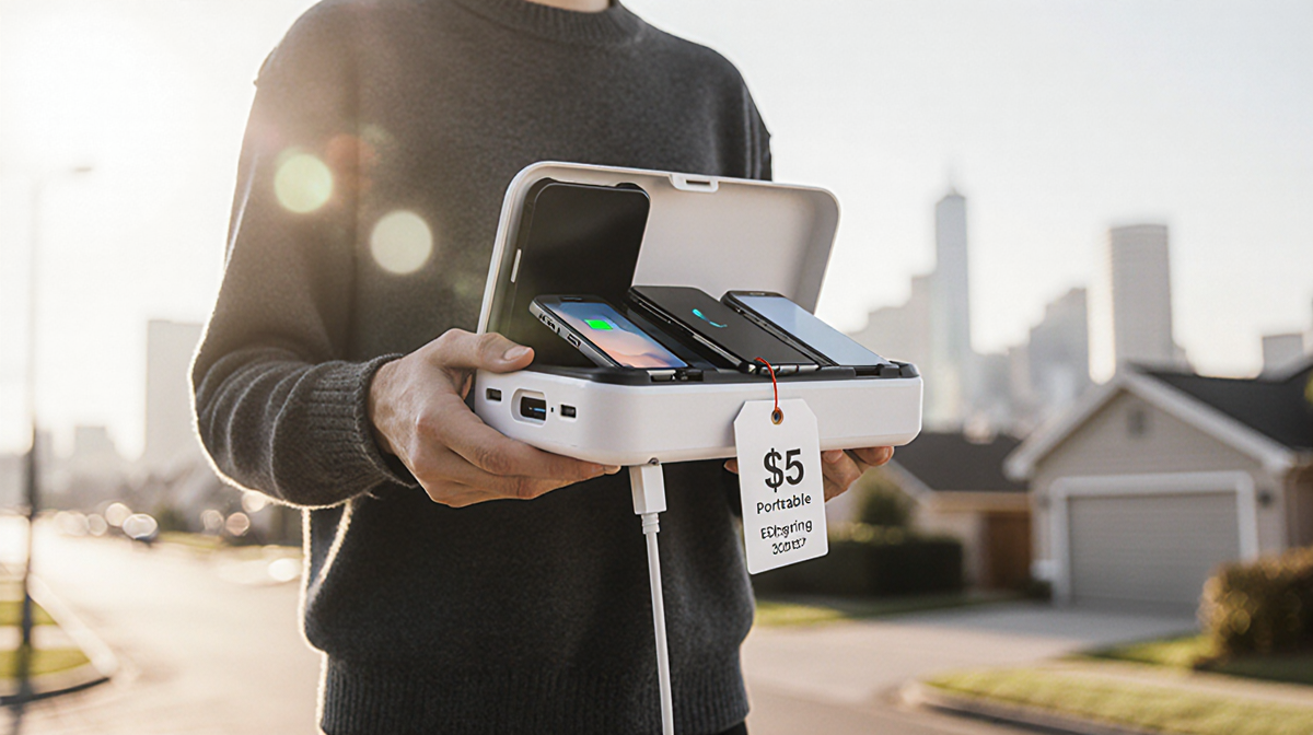 Person holding portable power station with price tag and devices charging against blurred city backdrop