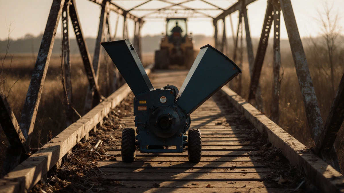 Wood chipper operating on wooden bridge with long shadows and scattered branches showing recent use