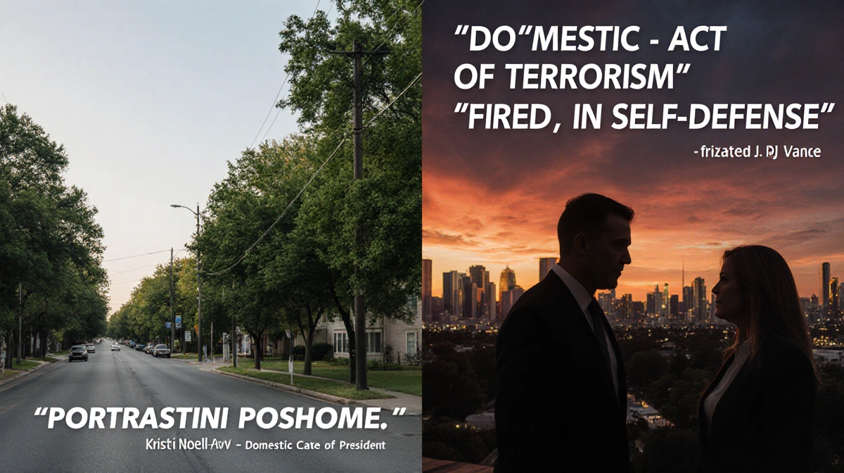 Split screen showing Portland Avenue's peaceful greenery alongside political figures with terrorism narrative statements