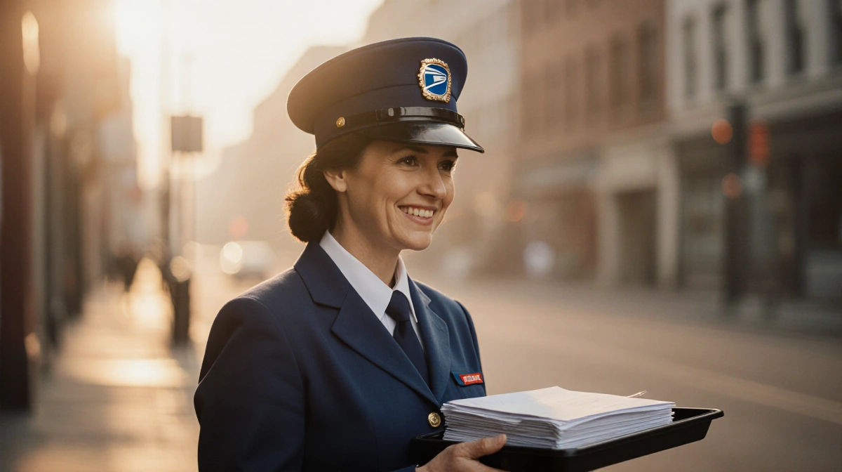 Toni sorts mail in postal uniform with warm sunrise behind her and quiet street beyond