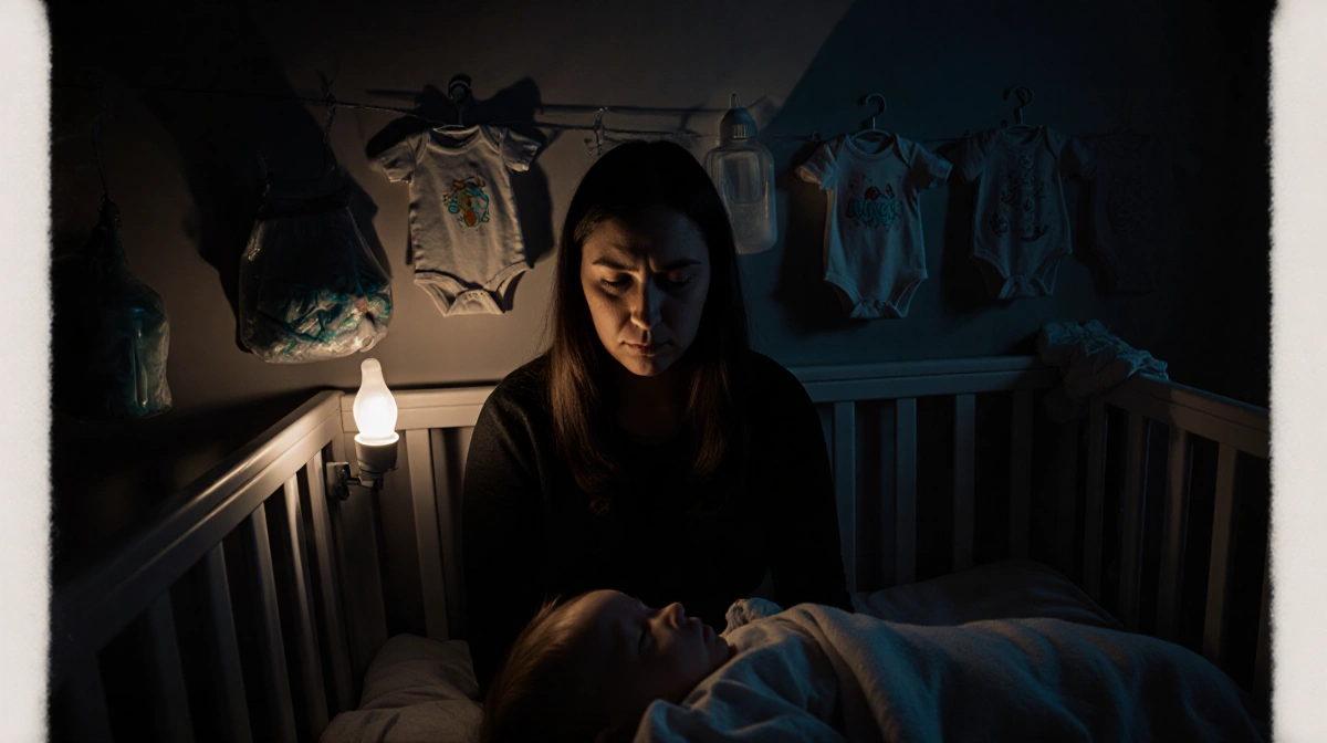 Exhausted mother sits in dim room with baby bottles and diapers while infant sleeps in crib