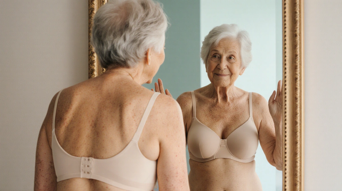 Elderly woman modeling comfortable wireless bra in mirror with stretch marks and confident smile in soft light (95 characters