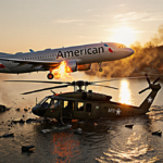 Plane collides with Army Black Hawk helicopter over Potomac River with flaming engines and wreckage floating in golden sunset