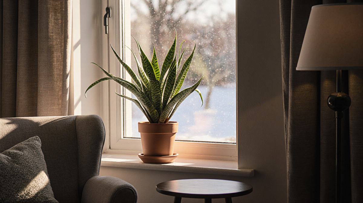 Lush potted plant reaching toward warm sunlight on a windowsill with a cozy armchair and side table nearby.